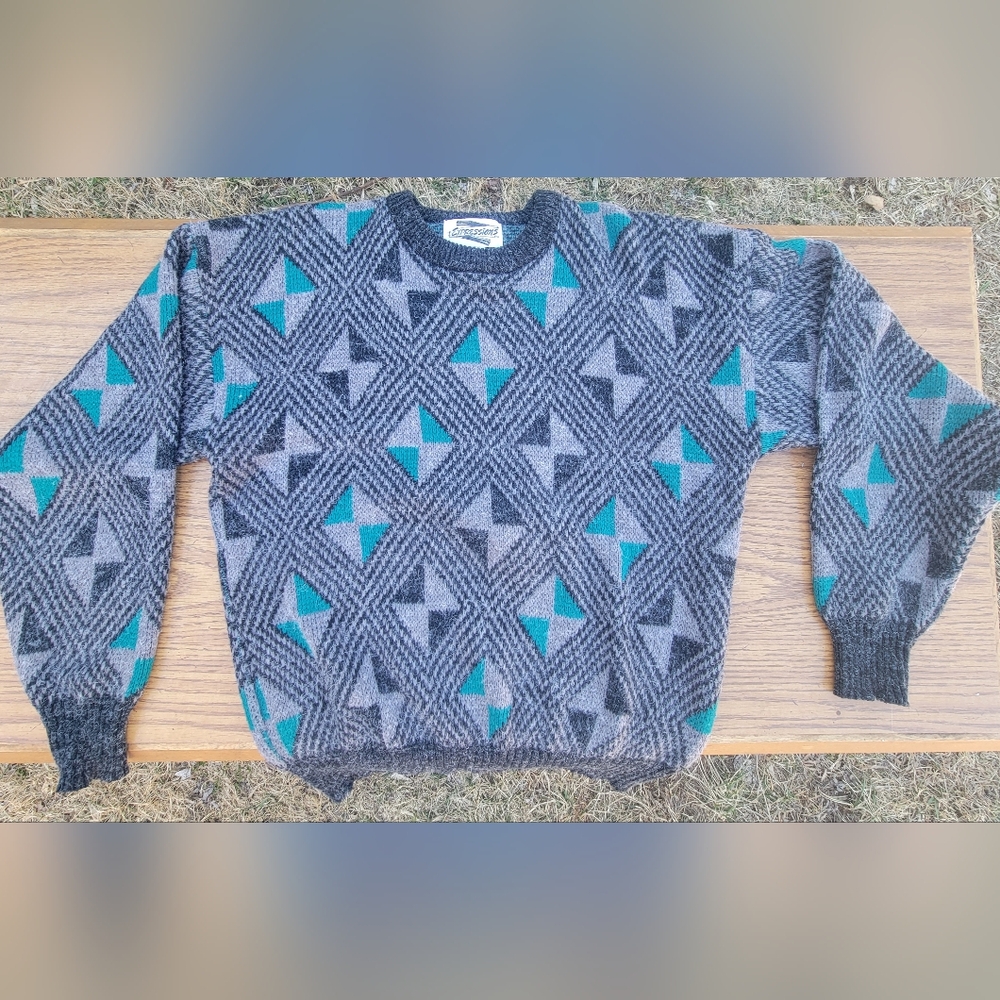 Vintage 80's Expressions Geometric Patterned Gray and Teal Sweater - Size Medium